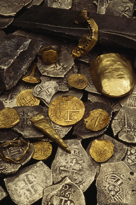 Coins and artifacts recovered from the wreck site
                of the Whydah, which sank in 1717. Many are on display
                in the National Geographic exhibition, Real Pirates:
                The Untold Story of the Whydah from Slave Ship to Pirate
                Ship. Photo by Bill Curtsinger National Geographic