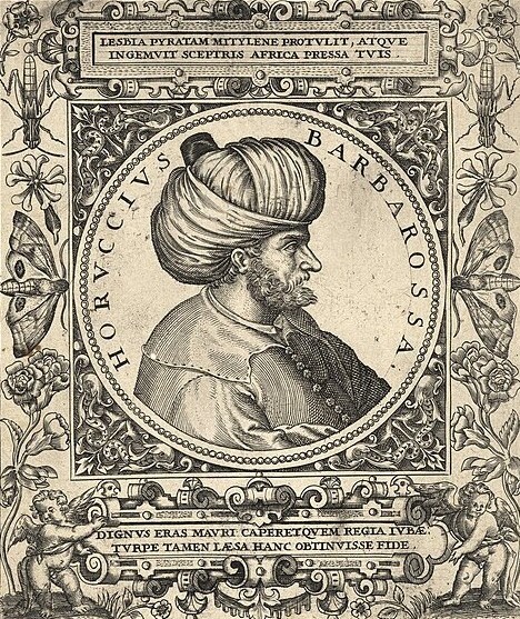 Aruj Barbarossa by
                        Johann Theodor de Bry, 1590s (Source:
                        https://commons.wikimedia.org/wiki/File:Arolsen_Klebeband_01_465_4.jpg)