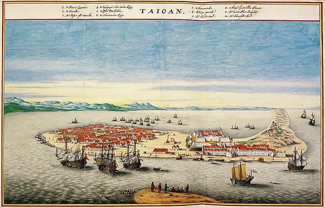 17th-century watercolor of Fort Zeelandia,
                      the Dutch settlement on Formosa by Joan Blaeu,
                      drawn no earlier than 1644. (Source: Wikimedia
                      Commons)