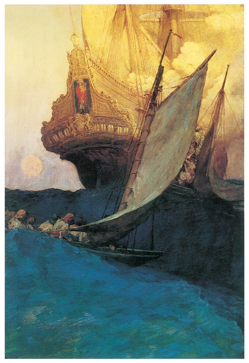 Attack on a
                  Galleon by Howard Pyle, 1905 (Source: Dover's
                  Pirates)