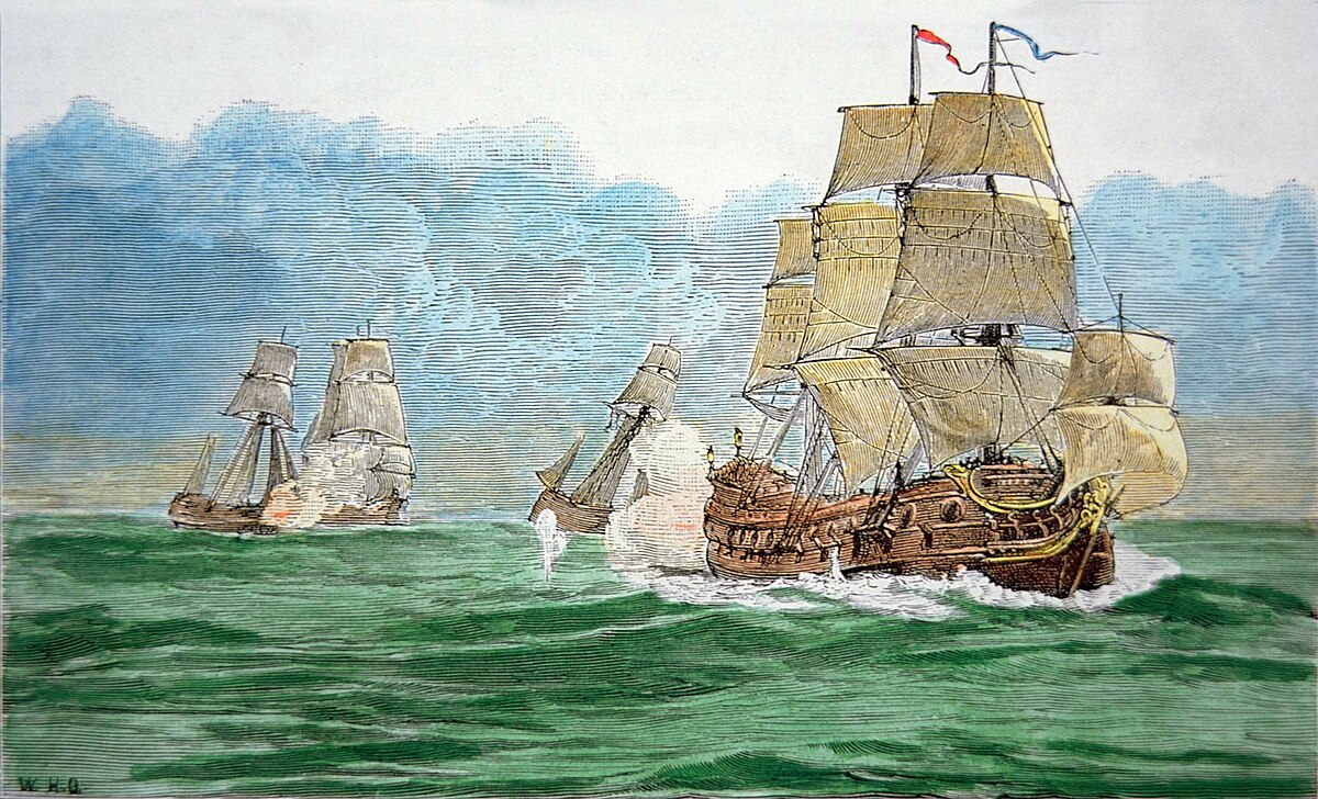 Avery Chasing the Great Mogul's Ship by
                        Peter Newark Historical Pictures, Bridgeman
                        Images, 1890
(Source:https://commons.wikimedia.org/wiki/File:Avery_Chasing_the_Great_Mughal%27s_Ship.jpg)