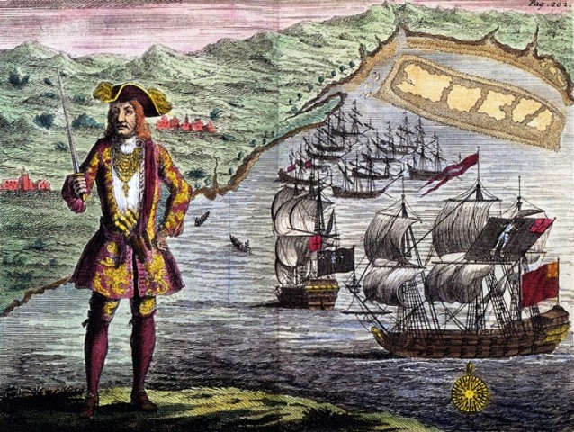 Bartholomew Roberts with Royal Fortune and Ranger
                  in Whydah Road on the Coast of Guiney from Charles
                  Johnson's 1724 A General History of Pirates (Source:
https://commons.wikimedia.org/wiki/File:General_History_of_the_Robberies_and_Murders_of_the_Most_Notorious_Pyrates_-_Captain_Bartholomew_Roberts_with_two_Ships.jpg)