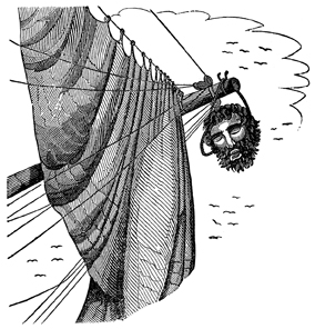 Black Beard's
                          head on the end of the bowsprit, artist
                          unknown, illustration in The Pirates Own Book
                          (Source: Pirates, Dover)