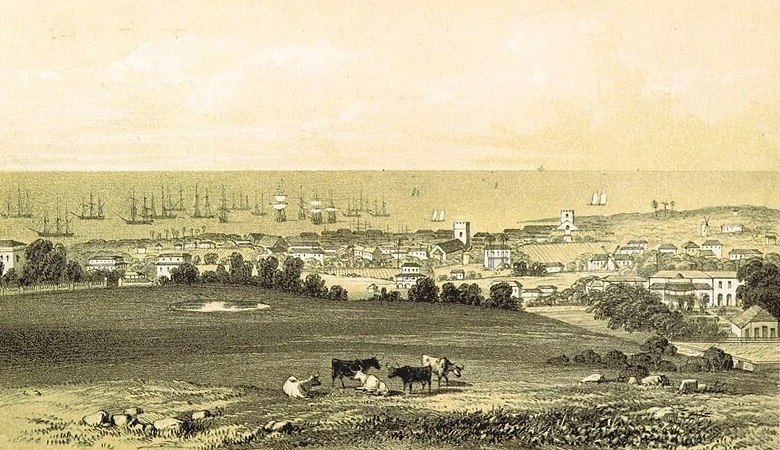 Lithograph of Bridgetown,
                                  Barbados (1848) (Source:
https://commons.wikimedia.org/wiki/File:Pg012_Bridgetown_in_Barbados_(cropped).jpg)
