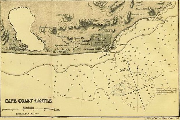 Map depicting Cape
                  Coast Castle, 1869 (Source: Wikimeia Commons)