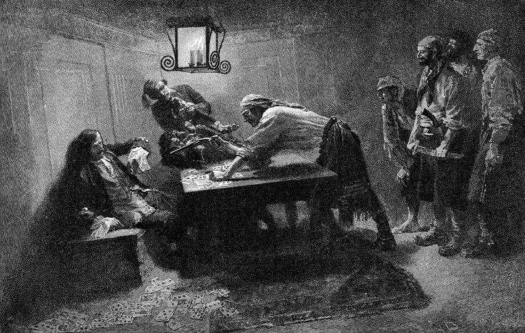 Howard Pyle from
Capture of the Galleon, cards interrupted
(Source: Dover's PIRATES)