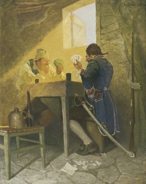 At Cards iin Cluny's Cage by N. C. Wyeth,
                        1913, in KIDNAPPED (Source: Dover's PIRATES)