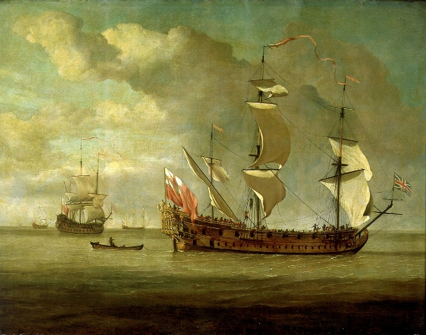 Charles Galley before a light breeze by John
                  Forbes, 1676 (Source:
                  https://collections.rmg.co.uk/collections/objects/14727.html)