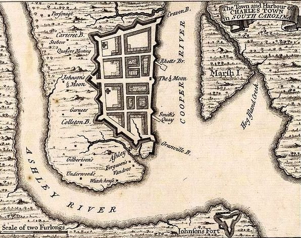 1733 map of Charles
                Town, South Carolina (Source: Wikimedia Commons)