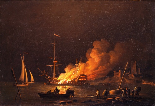 Ship on Fire at Night by Charles
                    Brooking, 1756 (Source: WikiMedia Commons)
