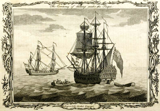 Ceremony of
                    ducking under the Tropic showing the Duke and
                    Dutchess in Voyages and Travels by Edward Cavendish
                    Drake, 1769 (Source:
https://archive.org/details/newuniversalcoll00drak/page/84/mode/2up?q=ducking+ceremony)