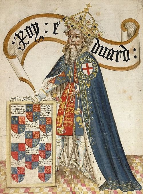 Miniature illumination of Edward III
                        receiving Order of Garter, circa 1430 by William
                        Bruges (Source:
https://commons.wikimedia.org/wiki/File:Edward_III_of_England_(Order_of_the_Garter).jpg)