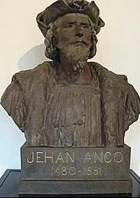 Jean Ango
                        scuplture by Eugene Benet (Source:
https://commons.wikimedia.org/wiki/File:Eug%C3%A8ne_B%C3%A9net_(sculpt)_76200_Dieppe,_Jehan_Ango,_buste,_Mus%C3%A9e_Ch%C3%A2teau_de_Dieppe.jpg)