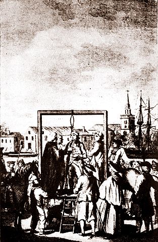 Engraving of hanging of a buccaneer at
                      Execution Dock (Source:
                      https://commons.wikimedia.org/wiki/File:Executiondock.jpg)