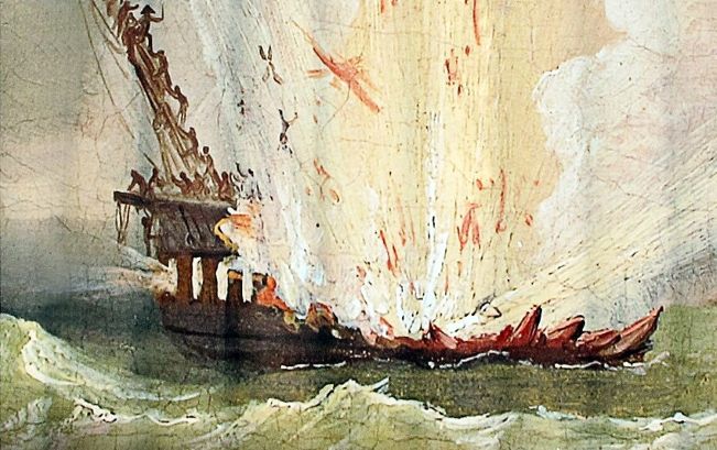 Explosion of Nuestra Senora de las
                        Mercedes, 1804 (Source:
https://commons.wikimedia.org/wiki/File:La_explosi%C3%B3n_de_la_fragata_Nuestra_Se%C3%B1ora_de_las_Mercedes.jpg)