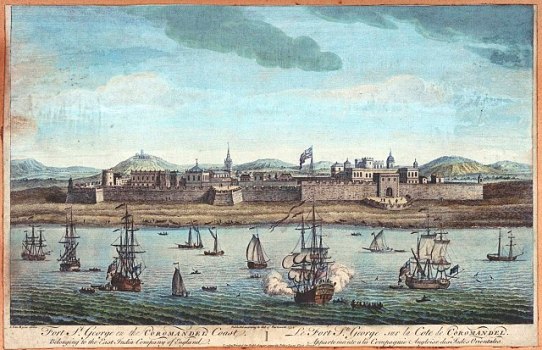 Fort St George by
                    Jan Van Ryne 1754 (Source: Wikimedia Commons:
                    https://commons.wikimedia.org/wiki/File:Fort_St._George,_Chennai.jpg)