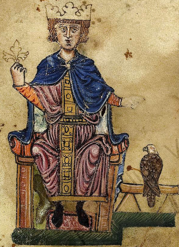 Frederick
                        II and his falcon from De arte venandi cum
                        avibus , his hunting book of 1240s, housed in
                        Biblioteca Vaticana (Source:
                        https://commons.wikimedia.org/wiki/File:Frederick_II_and_eagle.jpg)