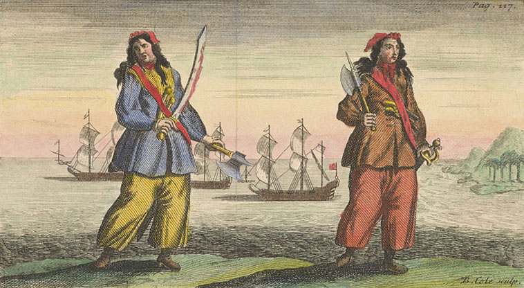 Anne Bonny and Mary Read, colorized version
                        of etching in General History of the Pyrates by
                        Benjamin Cole (Source:
https://commons.wikimedia.org/wiki/File:General_History_of_the_Pyrates_-_Ann_Bonny_and_Mary_Read_(coloured).jpg)