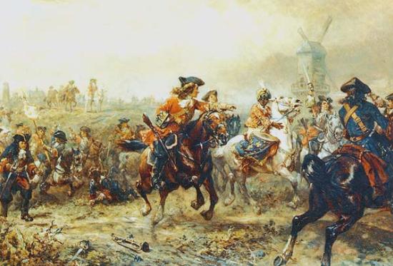 Queen�s Regiment of Horse breaking
                              through on the right flank of the
                              French-Bavarian army (Source:
https://commons.wikimedia.org/wiki/File:King%27s_Horse_at_Ramillies_1706.jpg)