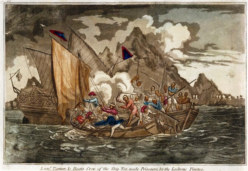 Lt.
                        Turner of the Tay and his boat crew are taken by
                        Ladrone pirates, artist unknown, circa 1800