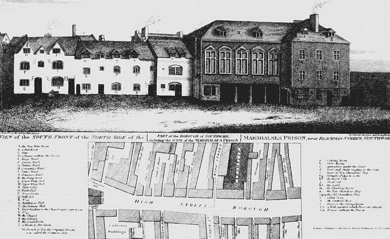 First Marshalsea on Borough High Street from
                  Survey of London (1773) (Source: Wikimedia Commons)