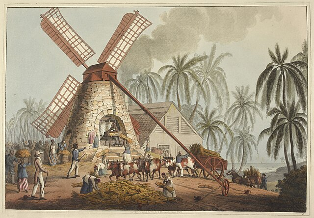 The Mill Yard in Antigua (1823)
by William Clark (Source:
https://commons.wikimedia.org/wiki/File:The_Mill_Yard_-_Ten_Views_in_the_Island_of_Antigua_(1823),_plate_V_-_BL.jpg)