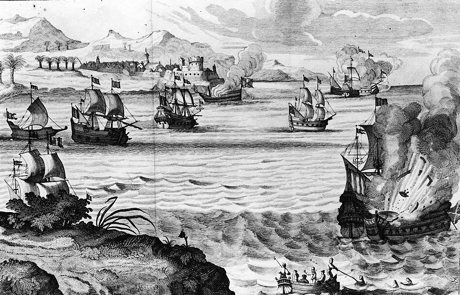 Henry
Morgan's raid on Lake Maracaibo, 1669, by
unknown artist (Source:
https://commons.wikimedia.org/wiki/File:Morgan_at_Maracaibo.jpg)