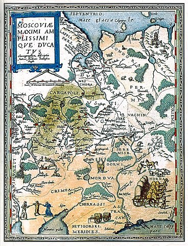 Map of Muscovy prepared by Anthony Jenkinson
                    & Gerard de Jode in 1593 (Source: Wikimedia
                    Commons
https://commons.wikimedia.org/wiki/File:Московия_макс.вел.княжество_1593_Антверпен_авторы_Антоний_Дженкинсон_и_Герард_де_Йоде.jpg)
