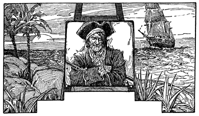 Louis Rhead's artwork of pirate,
              island, & ship