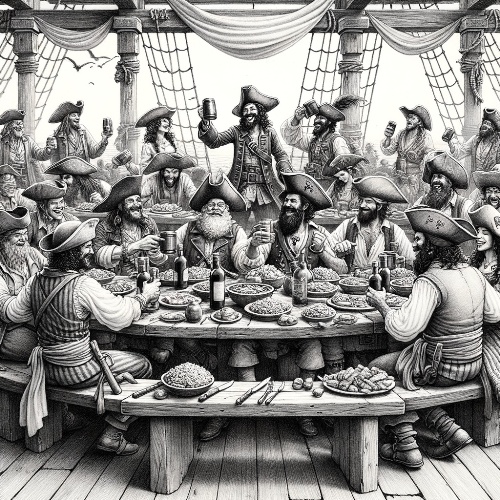 Pencil sketch of
                      pirates feasting. Artist: Shutterstock AI
                      Generator (Source:
https://www.shutterstock.com/image-generated/pencil-sketch-artistic-image-pirates-feasting-2395143107)