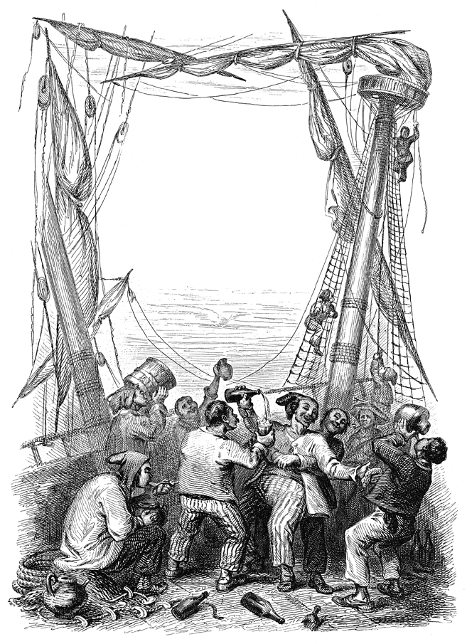 Engraving of
                      pirates drinking by unknown artist of 19th century
                      (Source: Dover PIRATES)