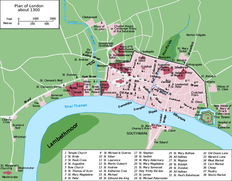 Layout of London in 1300 by William R Shepherd
                (1923)