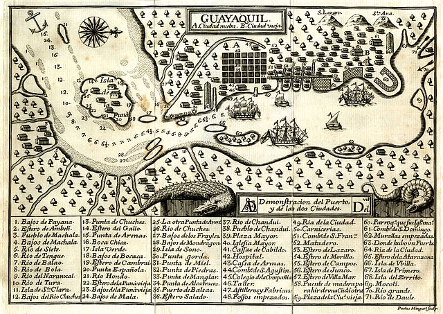Sketch of
              Guayaquil engraved by Paulus Minget, 1741
