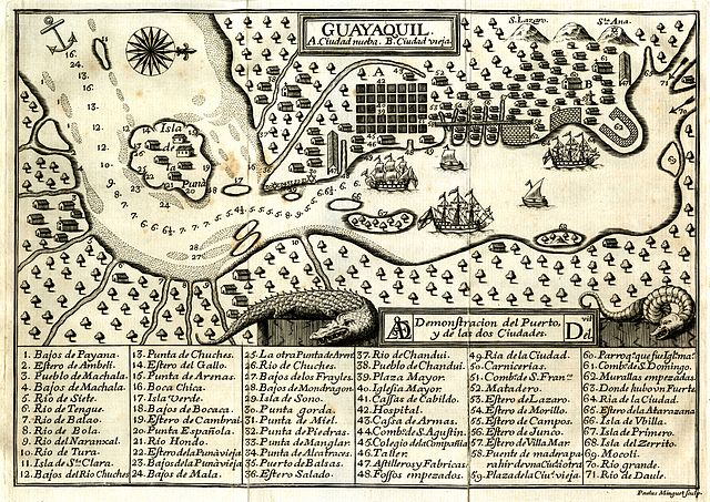 Sketch of
              Guayaquil engraved by Paulus Minget, 1741