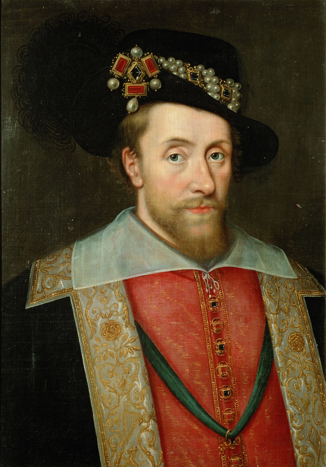 James VI and I by John de Critz, after 1605
                        (Source:
https://commons.wikimedia.org/wiki/File:Portrait_of_James_I_of_England_wearing_the_jewel_called_the_Three_Brothers_in_his_hat.jpg)