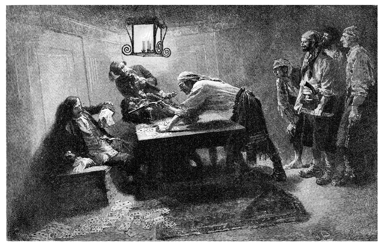 Howard Pyle's engraving of Pierre Le Grand
                  catches a Spanish captain off guard in his cabin.
                  Engraving by Howard Pyle. (Source: Dover Pirates CD)