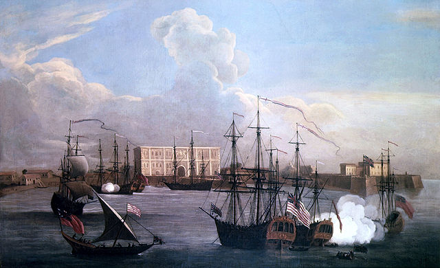 Ships in
                  Bombay Harbour, c1731, by Samuel Scott. Source:
https://commons.wikimedia.org/wiki/File:Ships_in_Bombay_Harbour,_1731.jpg)