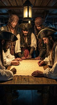 Pirates signing their
                      articles of agreement by Shutterstock AI (Source:
https://www.shutterstock.com/image-generated/pirate-crew-members-writing-signing-document-2528877763)