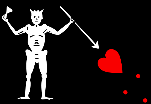 Flag showing skull,
                        spear, heart, & hourglass