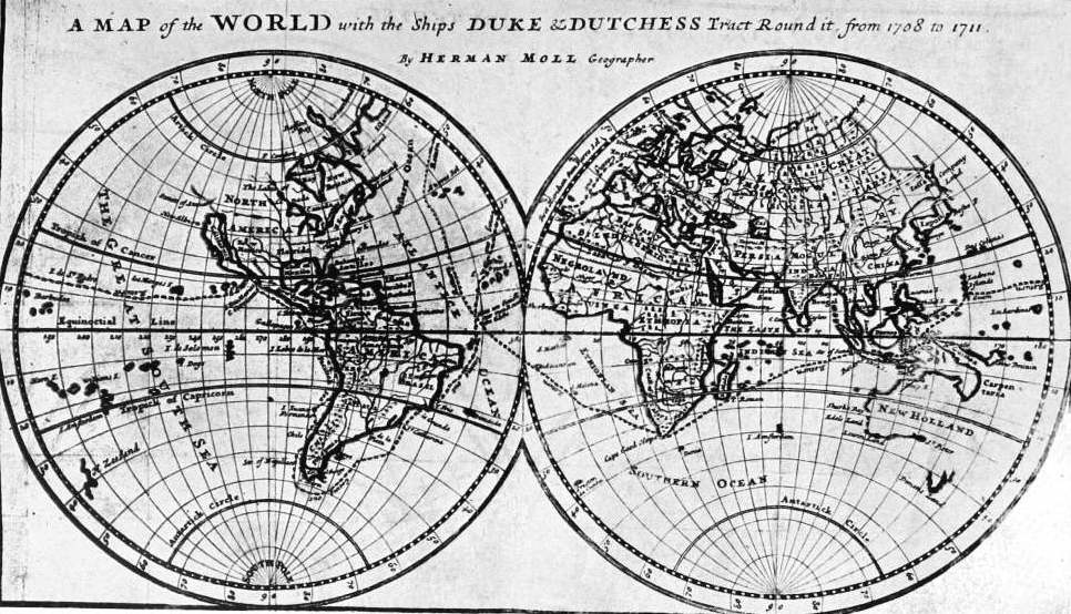 Geographer Herman Moll's
            map showing track of Woodes Rogers's voyage (Source: Project
            Gutenberg)