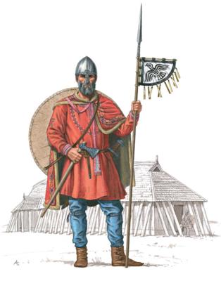 Warrior in Gudrod's army around 800, who
may have fought the Franks. Copyrighted image
used with permission. (Source: Publisher)