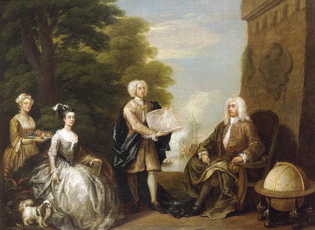 William Hogarth's
                portrait of Woodes Rogers & his children, 1729
                (Source: Wikimedia Commons)