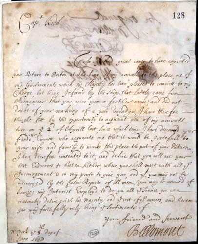 Governor
                Bellomont's letter luring Kidd into custody, 8 June
                1698