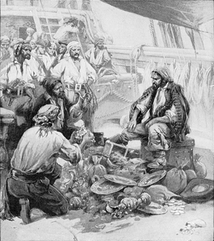 The
                      money and spoil were divided among all the
                      buccaneers by George Varian, 1908 (Source: Dover
                      Pirates)