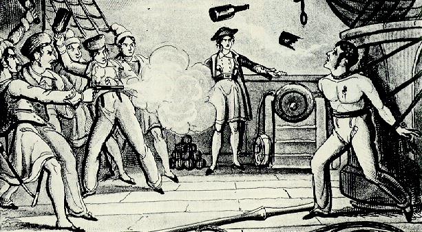 Prisoner lashed to capstan and pirates
throwing bottles at him (Source:
https://beej.us/pirates/pirate_view.php?file=bottles.jpg)