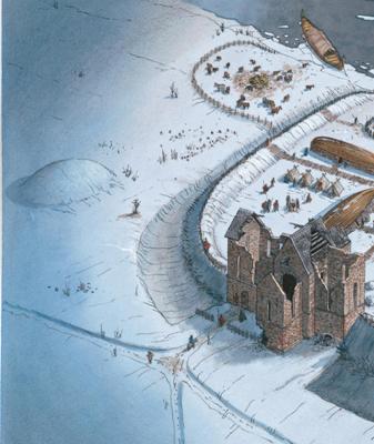 Example of original artwork depicting what
the winter camp in Repton, England may have
looked like in 873-874. Image copyrighted and
used with publisher's permission.